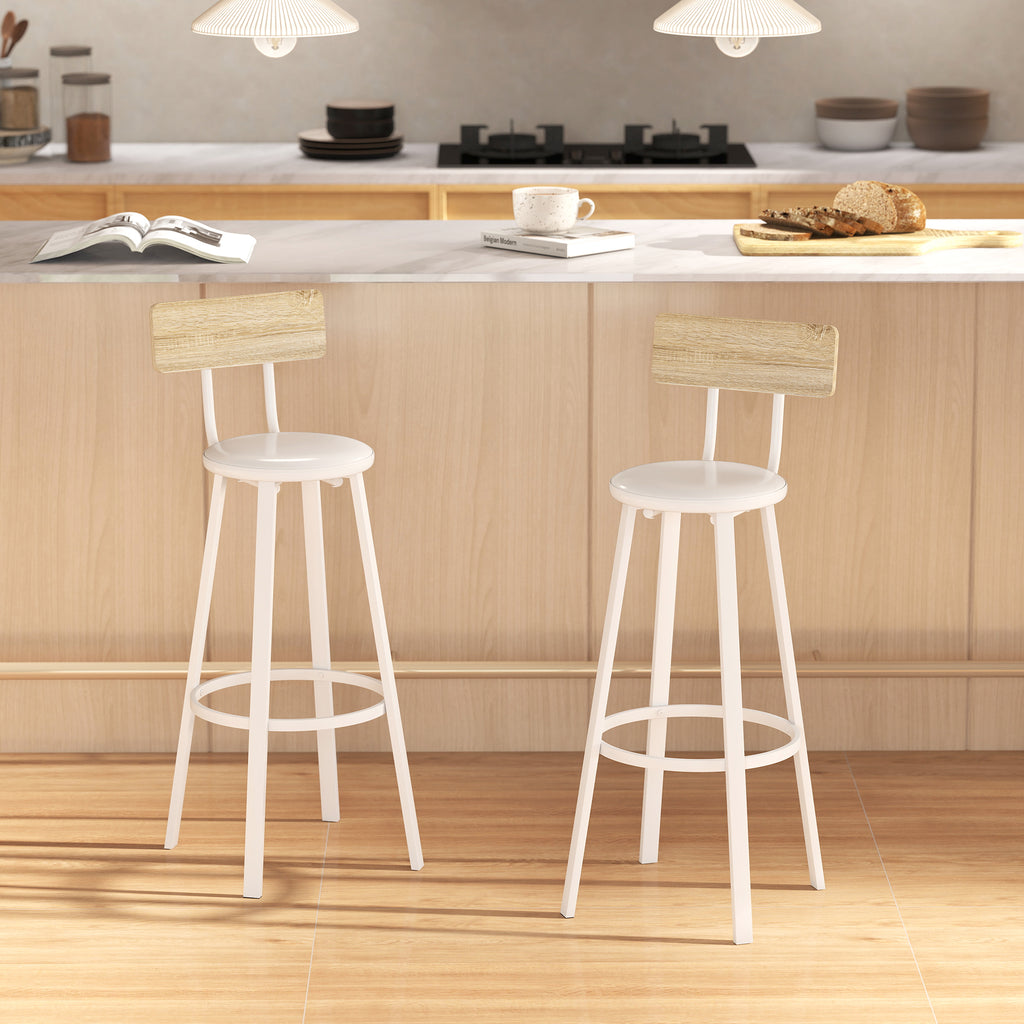 Lot de 2 tabourets de bar, chaises de bar, assise rembourrée 75,5H cm, dossier et repose-pieds, bois naturel et blanc