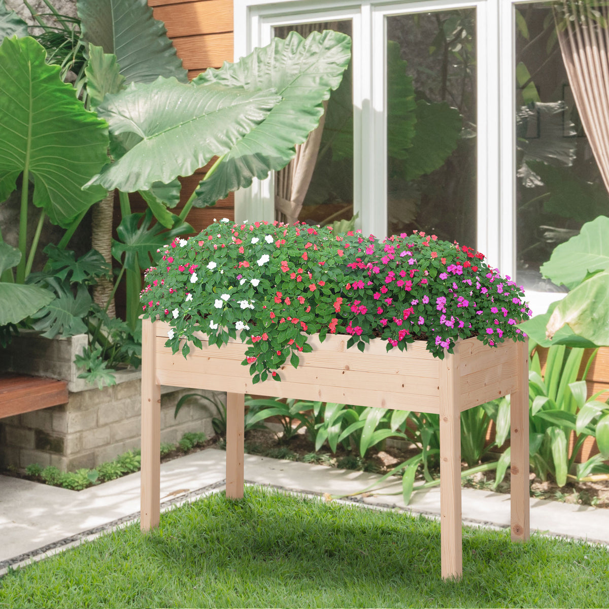 Jardinière sur Pieds Potager 122,5 x 56,5 x 76 cm Inserts d'irrigation + Feutre de Drainage Inclus Bois Massif